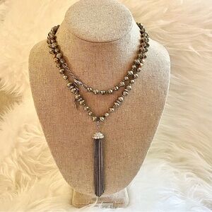Stella & Dot Vintage Beaded Gold and Silver Tassel Pendant Necklace
